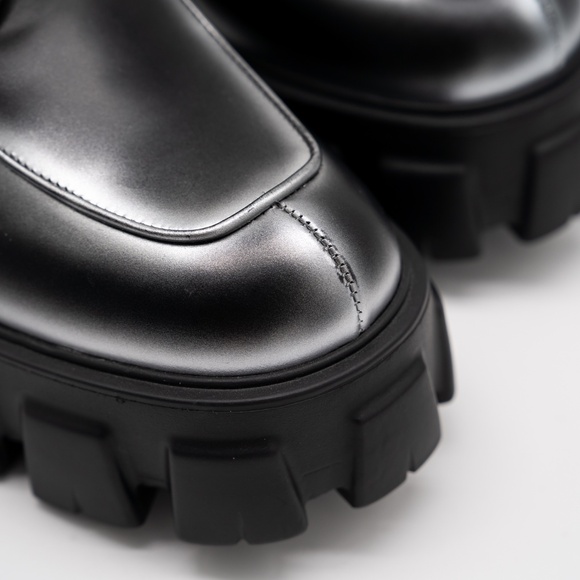 size 39.5eu 9.5 US Prada Monolith Brushed Leather Lace-up Shoes Black Silver - Picture 7 of 13